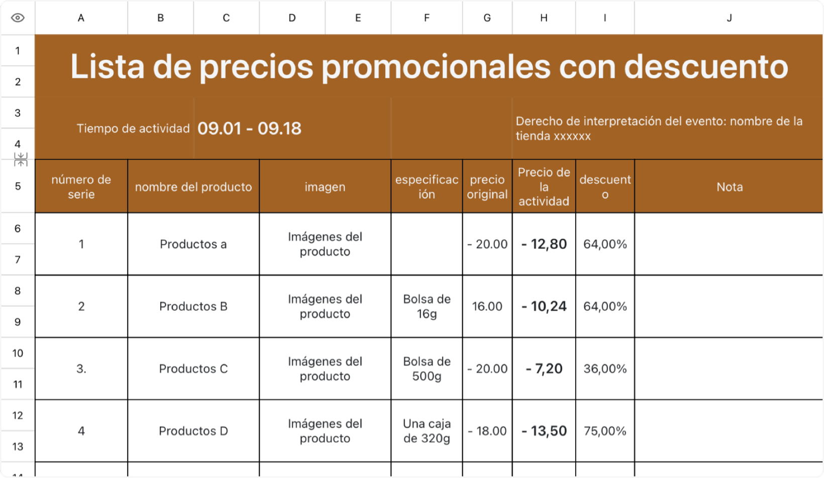 Lista de precios promocionales con descuento